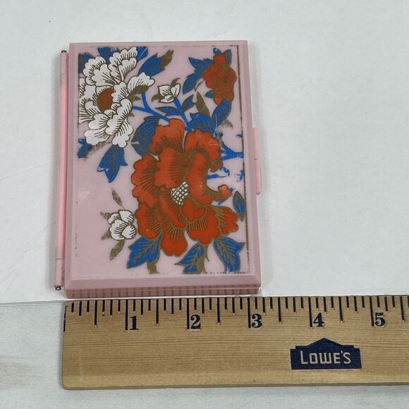 Vintage Celluloid Pink Pocket Vanity Mirror Compact Tissue Holder Asian Floral - Picture 7 of 8